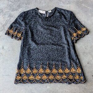 Vintage Laurence Kazar Black Gold Sequin and Beaded Top medium